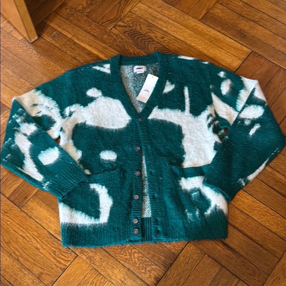 Teal and White Women's Cardigan Sweater